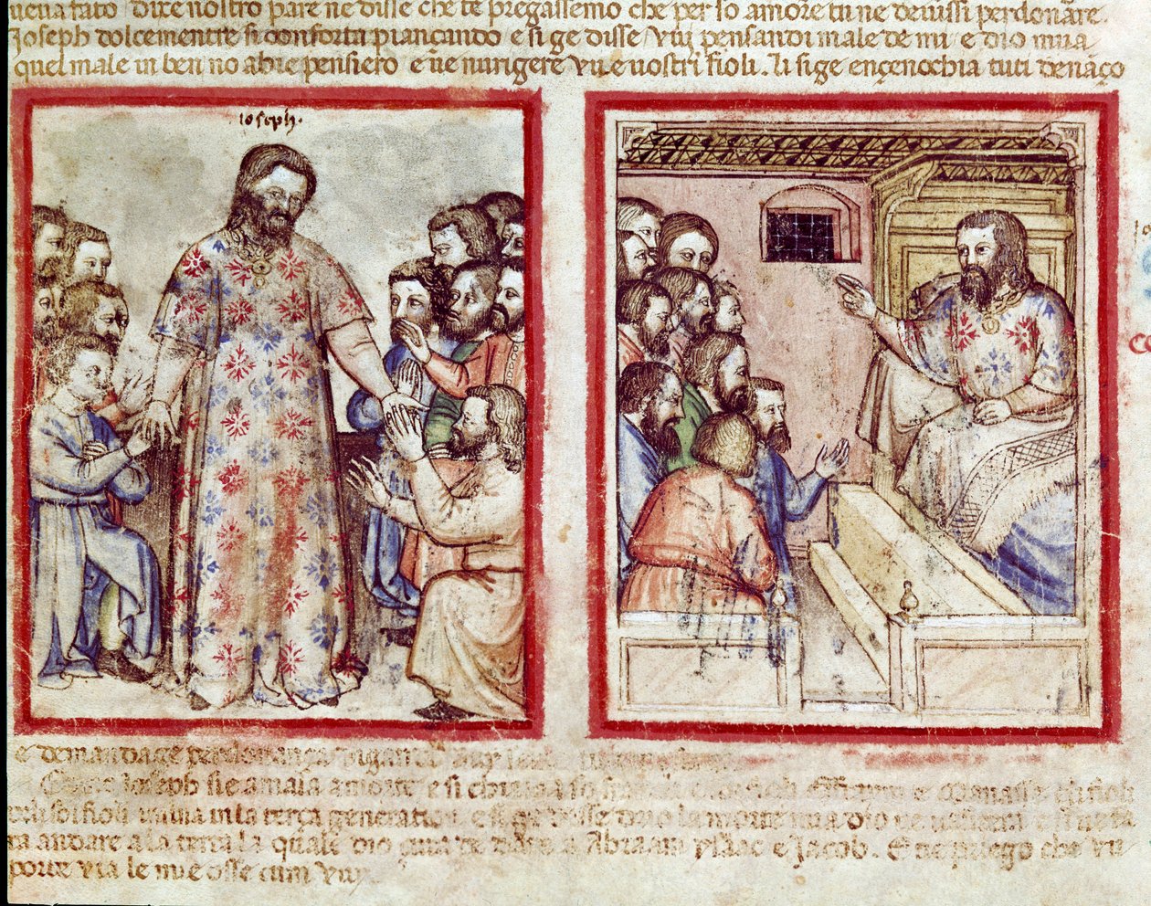 Jozef ernstig ziek op 110-jarige leeftijd vergeeft zijn broers die voor hem neerknielen Miniatuur uit codex 212 (of padovano codex of Bijbel van Padua) 1390-1400 Rovigo, Accademia dei Concordi door Unknown artist