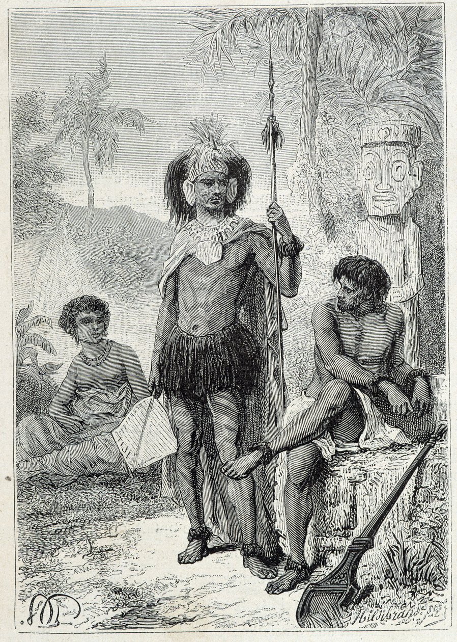 Reis van Kapitein James Cook (1728-1779): inboorlingen van de Marquesaseilanden - illustratie uit 
