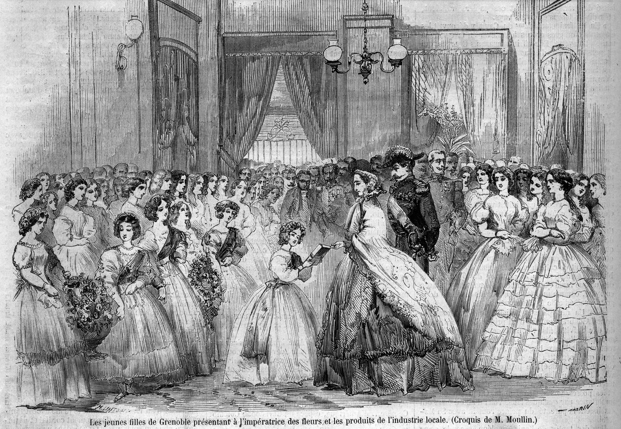Reis van keizer Napoleon III (1808-1873) en zijn vrouw Eugenie de Montijo (1826-1920) naar de hertog van Savoye na de annexatie van het graafschap Savoye (Maart Turijn Verdrag): hier ontmoet het keizerlijk paar in Grenoble jonge meisjes die kwamen om te pr door Unknown artist