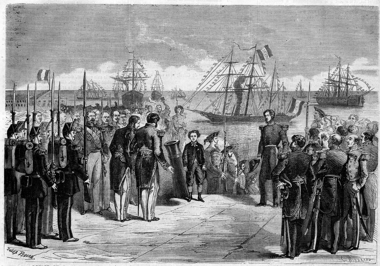 Reis van Zijne Majesteit de Keizerlijke Prins Napoleon Eugène Louis Jean Joseph Bonaparte (1856-1879), zoon van Napoleon III, naar Cherbourg, Frankrijk: de prins aan boord van het jacht 