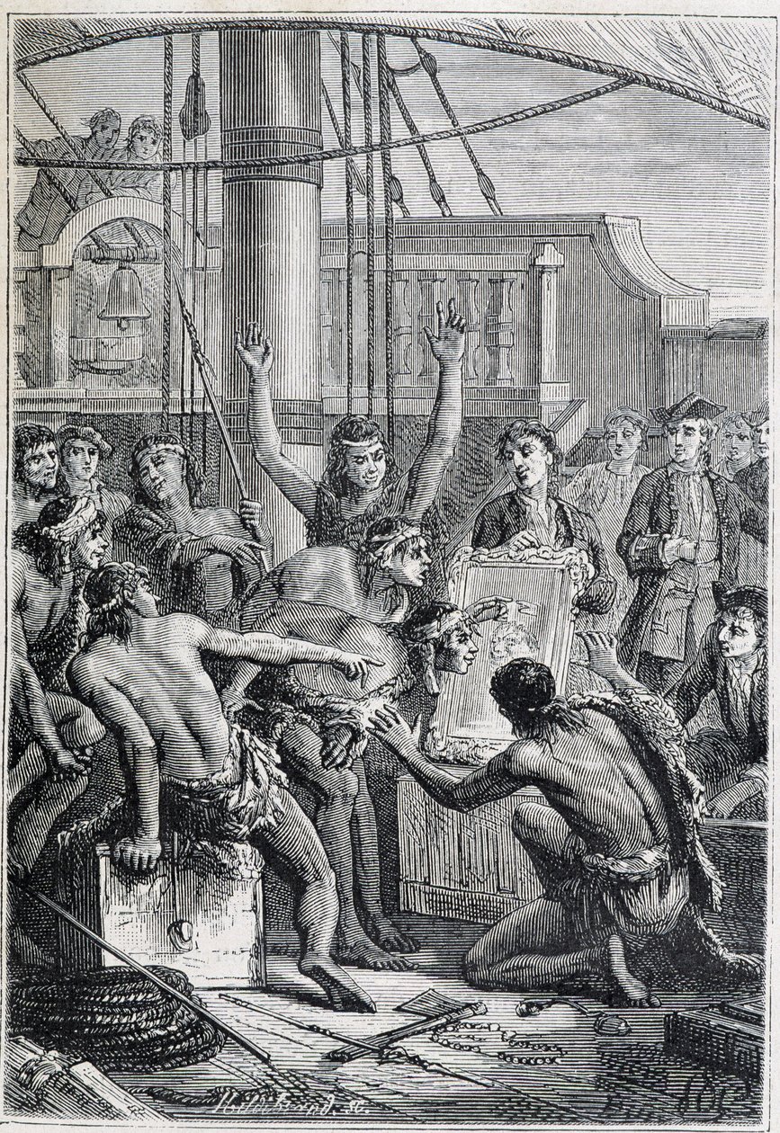 Reis van Samuel Wallis (1728-1795) naar Polynesië: inboorlingen verbaasd door een spiegel - illustratie uit 