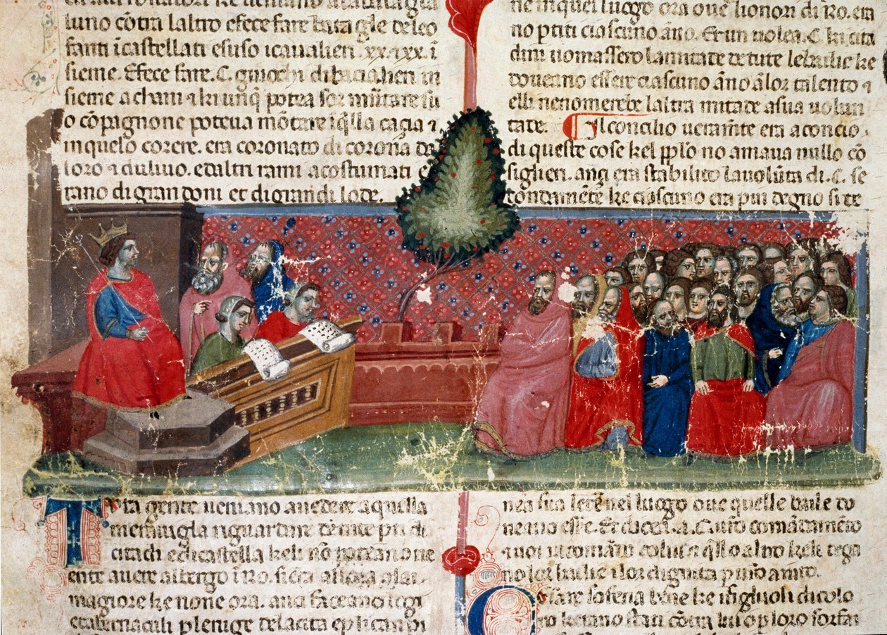 Julius Caesar (101-44 v.Chr.) op de troon Detail van een manuscriptpagina 