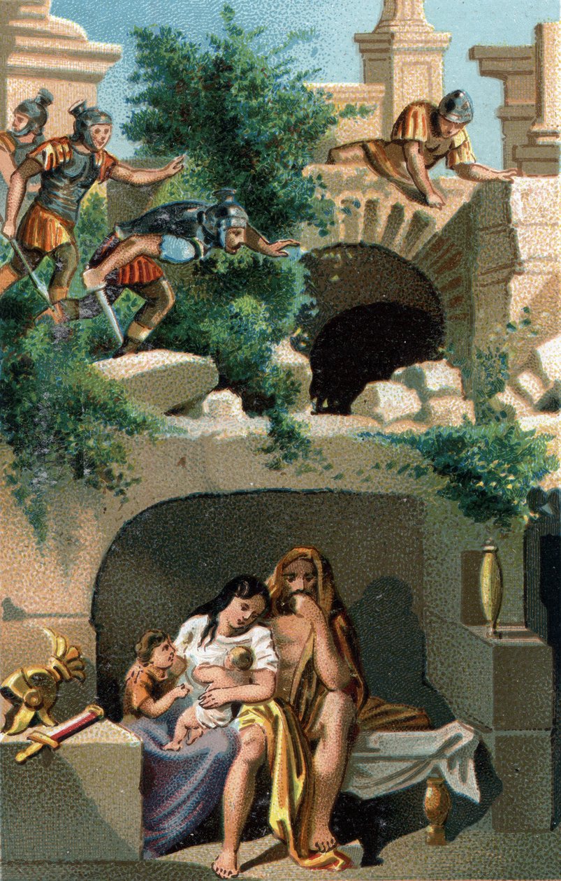 Julius Sabinus (Galliërs van het volk der Lingons) en zijn vrouw Eponine blijven negen jaar met hun kinderen ondergronds verborgen en worden dan ontdekt. Ze worden samen met hun twee tweelingzonen naar Rome gebracht. Late chromolithografie van de 19e eeuw. door Unknown artist
