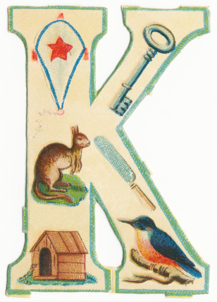 K: vlieger, sleutel, kangoeroe, mes, kennel, ijsvogel door Unknown artist