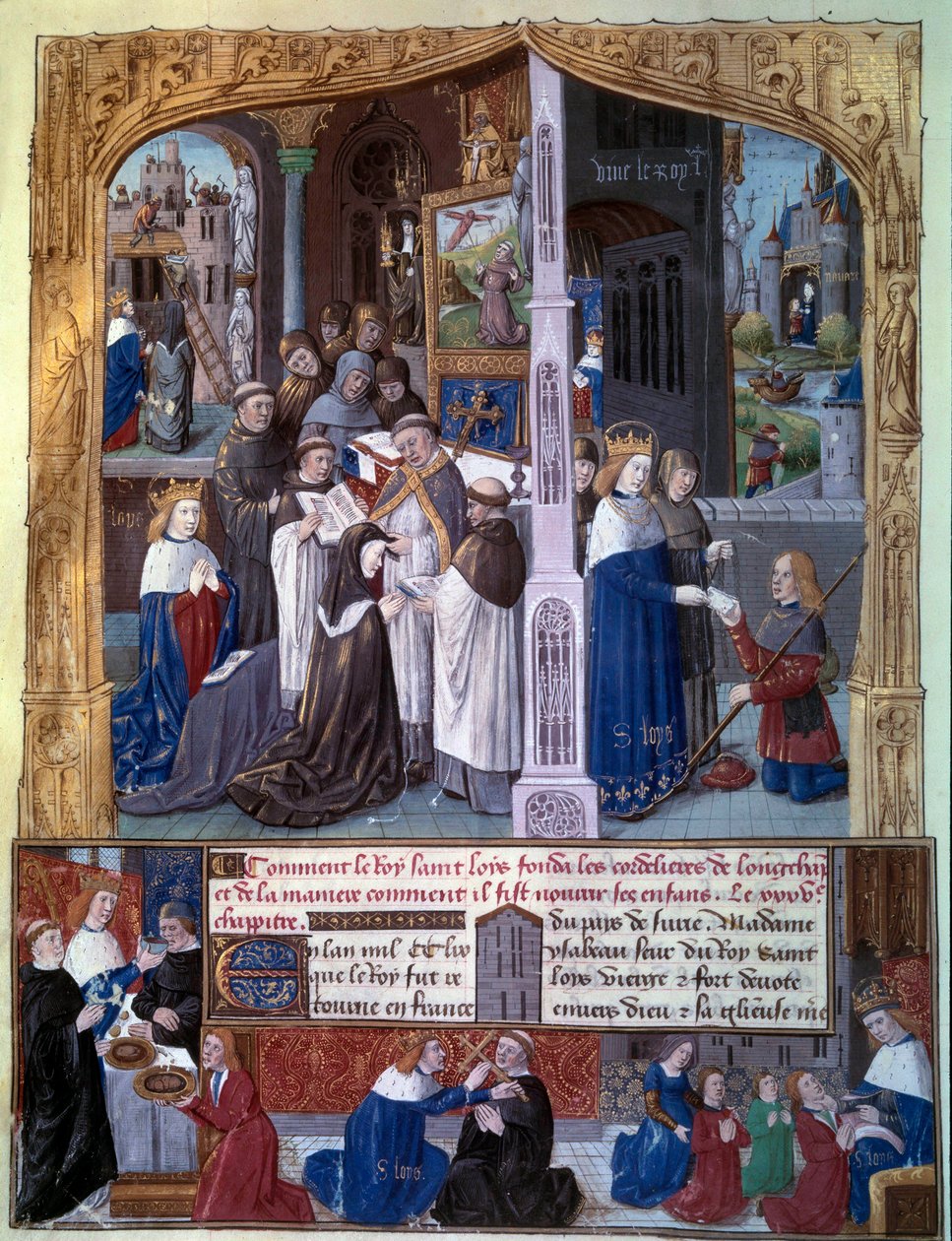 Koning Lodewijk IX (1214-1270) (Saint Louis) liet de Abdij Cordeliere de Longchamp bouwen in het bos van Rouvray (Boulogne) in 1255, scènes van christelijke liefdadigheid door de koning door Unknown artist