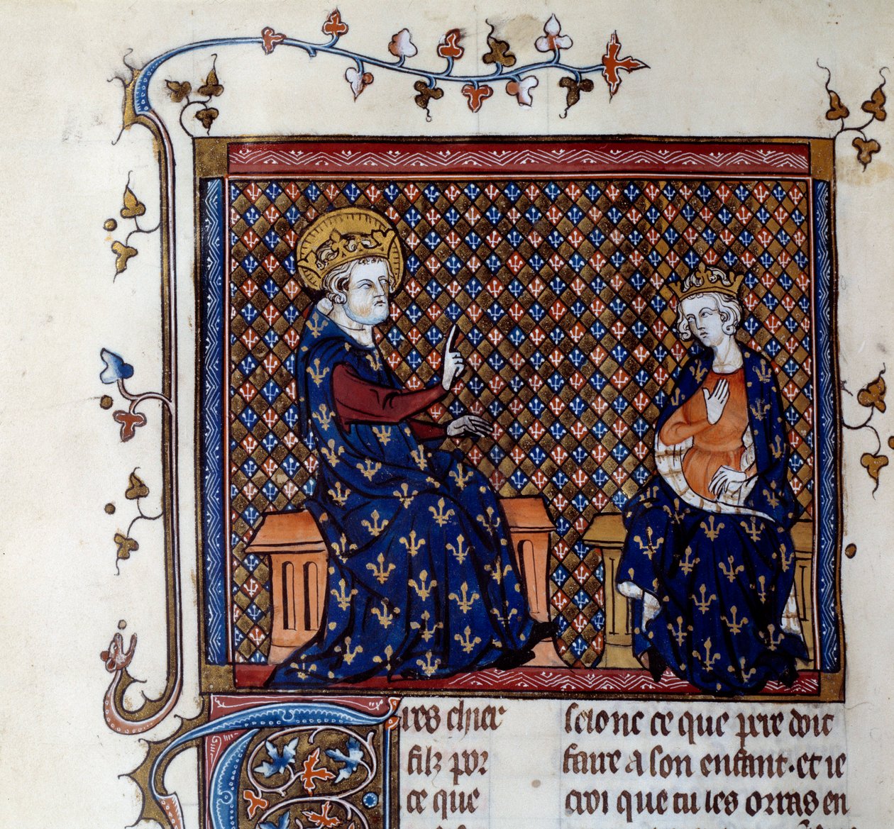Koning Lodewijk IX (1214-1270) leert de meester van de koning aan zijn zoon, de toekomstige Filips III. Miniatuur uit een 14e-eeuws manuscript. Chantilly, Conde Museum door Unknown artist