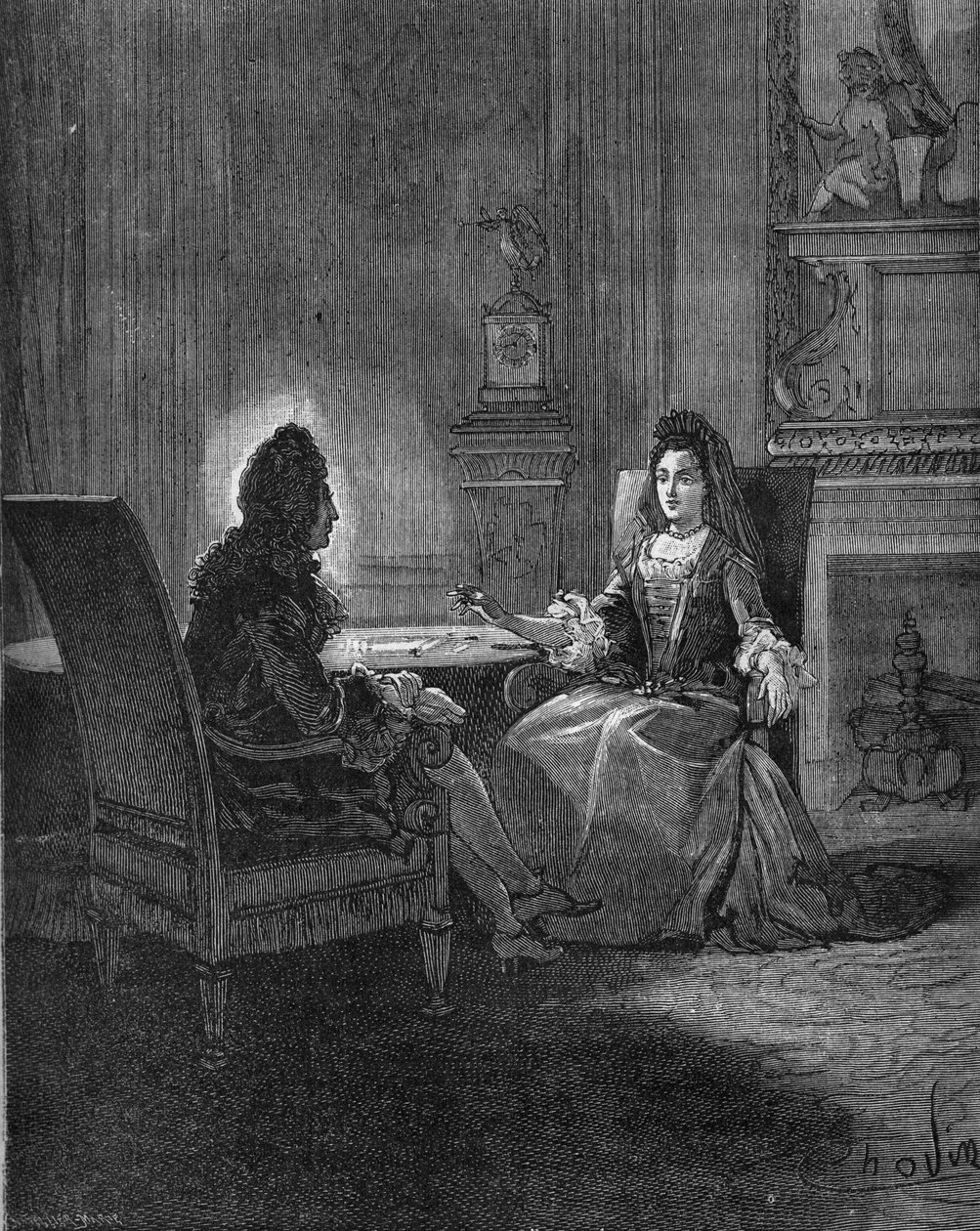 Koning Lodewijk XIV (1638-1715) in gesprek met zijn toekomstige vrouw, Madame de Maintenon (Francoise d