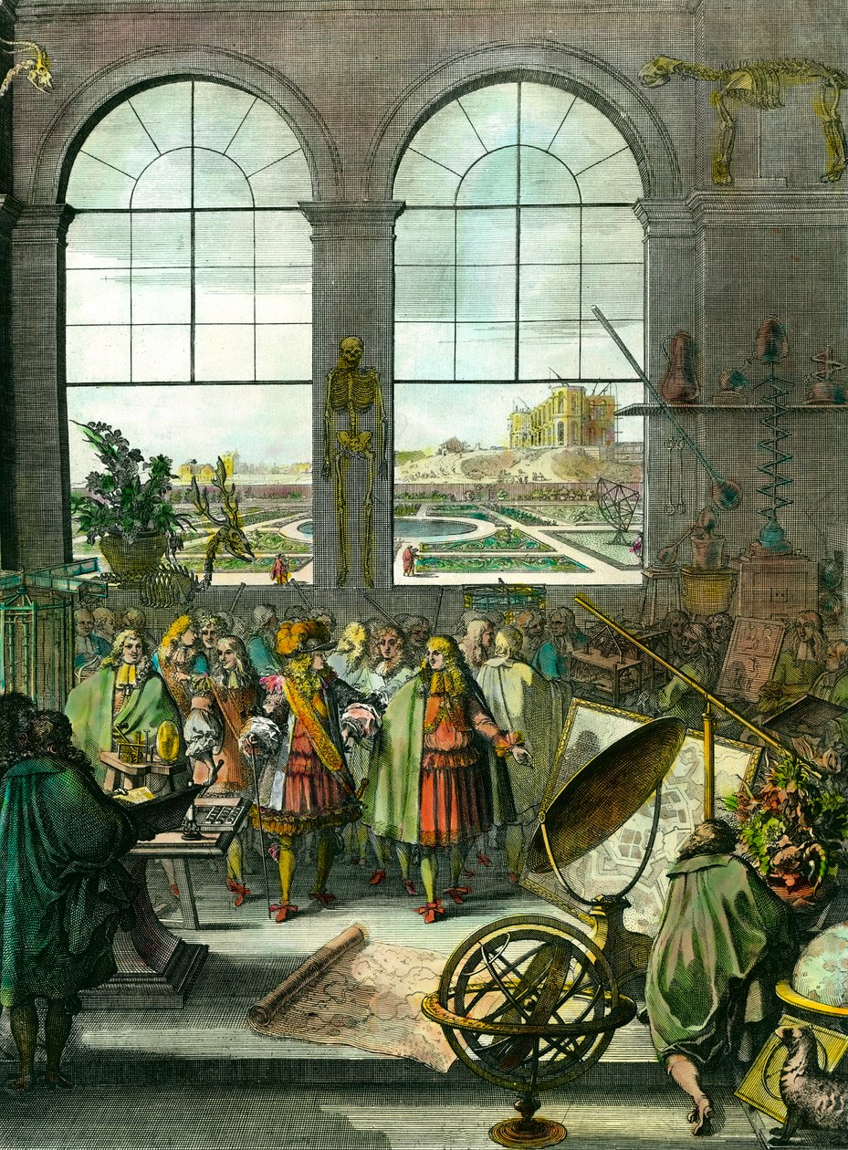 Koning Lodewijk XIV bezoekt de locatie, op de achtergrond het nog in aanbouw zijnde Observatorium van Parijs door Unknown artist