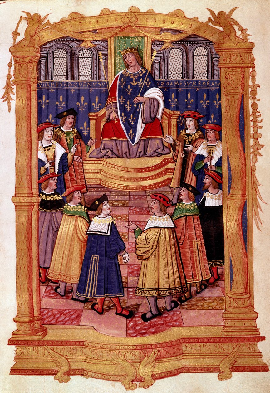 Koning Lodewijk XI (1423-1483) en de Ridders van de Orde van Sint-Michiel. Miniatuur uit het manuscript Statuten van de Orde van Sint-Michiel 15e eeuw door Unknown artist