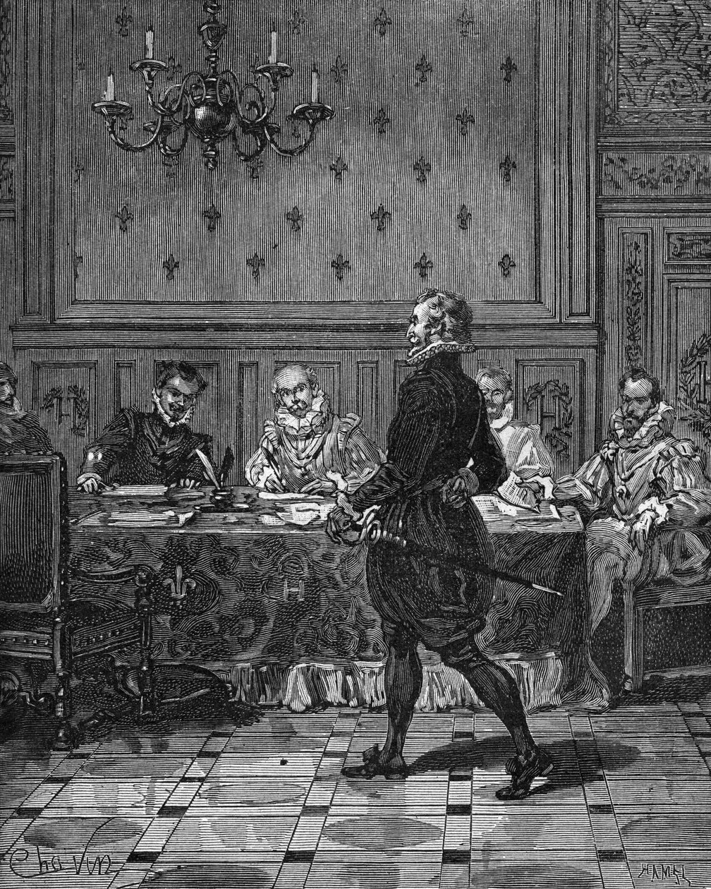 Koning van Frankrijk Hendrik IV (1553-1610) bij een ontmoeting met zijn ambassadeurs. Gravure uit de 19e eeuw. In 
