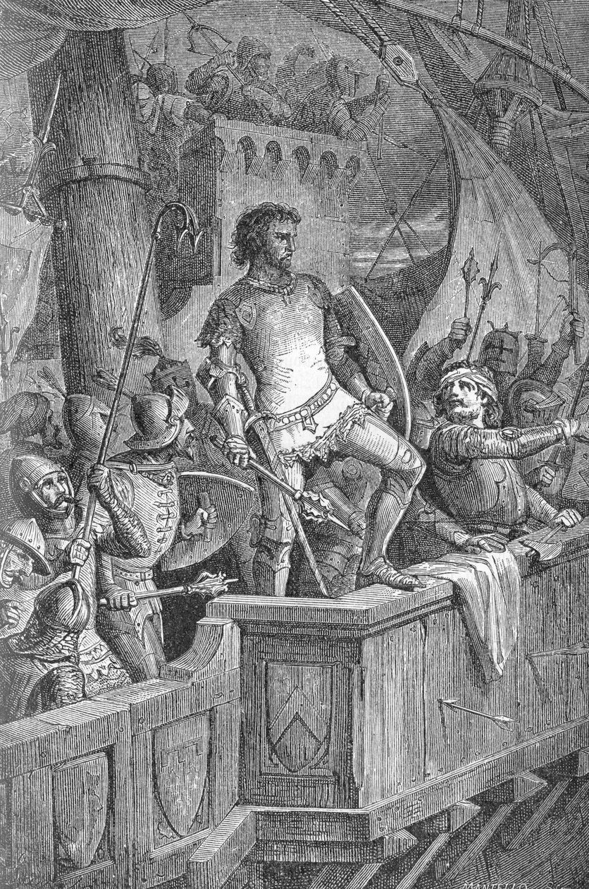 Knut de Grote (Canut I) (994 of 995-1035) - Mannen van Knut de Grote op de Londense brug, onder aanval van Olaf II van Noorwegen - Gravure in 