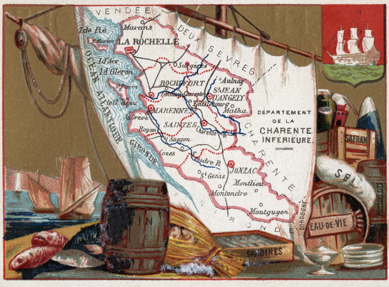 La Charente Inferieure, Poitou Charentes, Frankrijk. Wijn, brandewijn, sardines, zout, saffraan, droge vis, ca 1920 door Unknown Artist