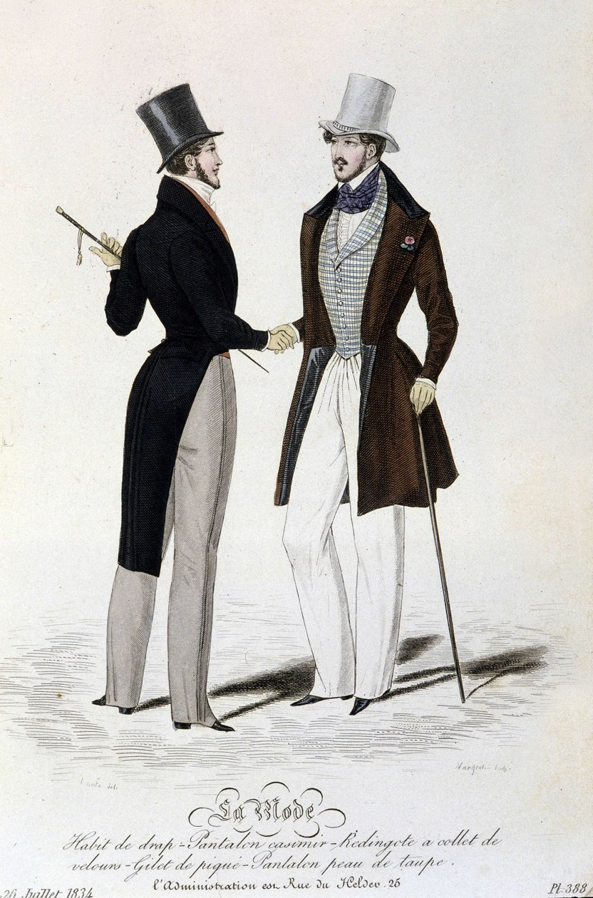De Mode van 26 juli 1834: (mannelijke mode) bladpak - casimir broek - Redingote met fluwelen kraag - vest van piqué - taupe huid broek en hoge hoed door Unknown artist