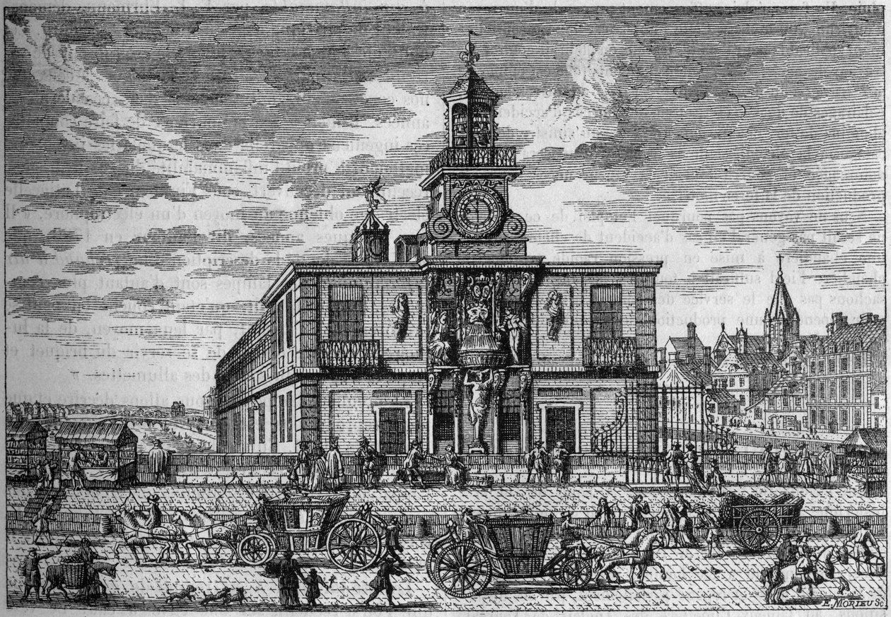 La Samaritaine, waterpomp gelegen op de Pont Neuf gravure uit de 17e eeuw. Gravure in 