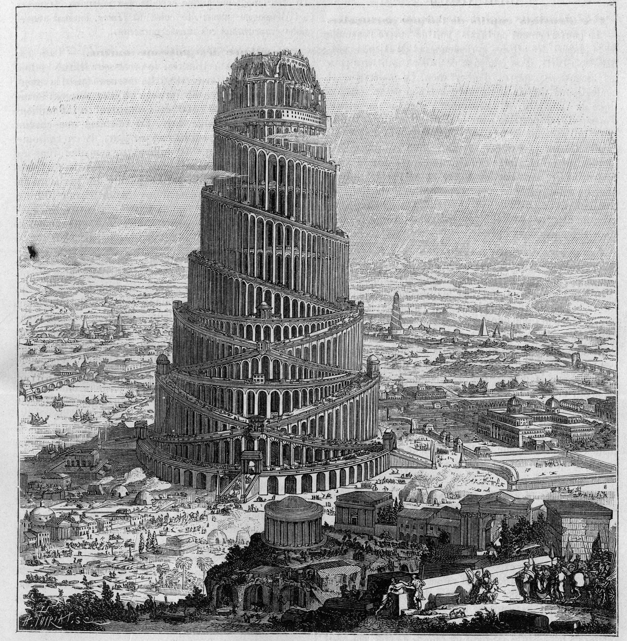 De Toren van Babel, naar pater Kircher - (Verminderde gravure van 
