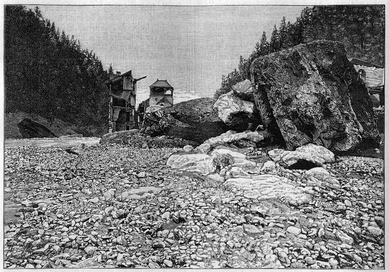 De ramp van Saint-Gervais (Saint Gervais) of ramp van de gletsjer van de Tete Rousse (departement Haute-Savoie) (12-13 juli 1892) - Bains de Saint-Gervais na de ramp met de enorme blokken vervoerd door de stroom, Gravure in 