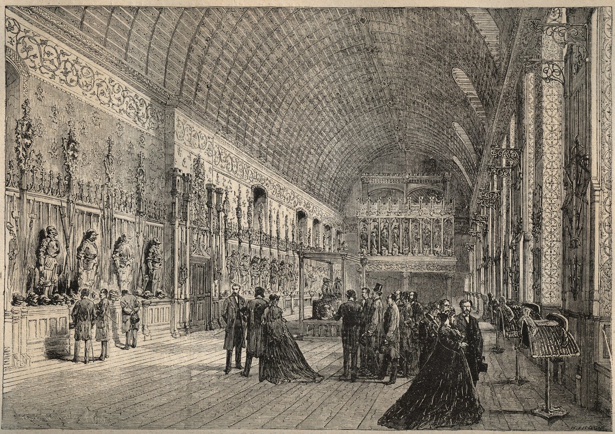 De wapenzaal van het kasteel van Pierrefonds - restitutie door Viollet-Leduc (gravure 1880) door Unknown artist