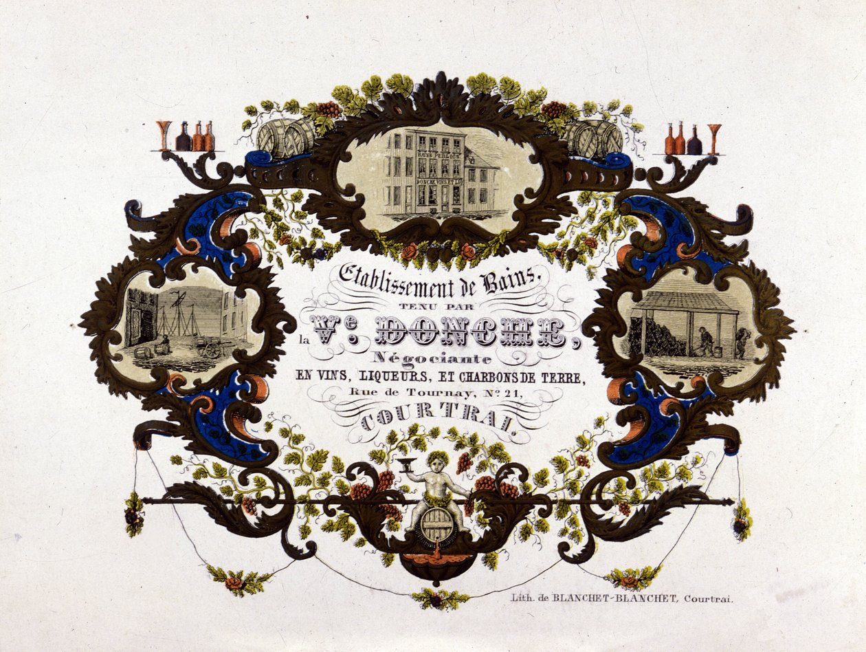 Etiket voor een wijnmakerij, likeuren en aardkolen. Lithografie door Unknown artist