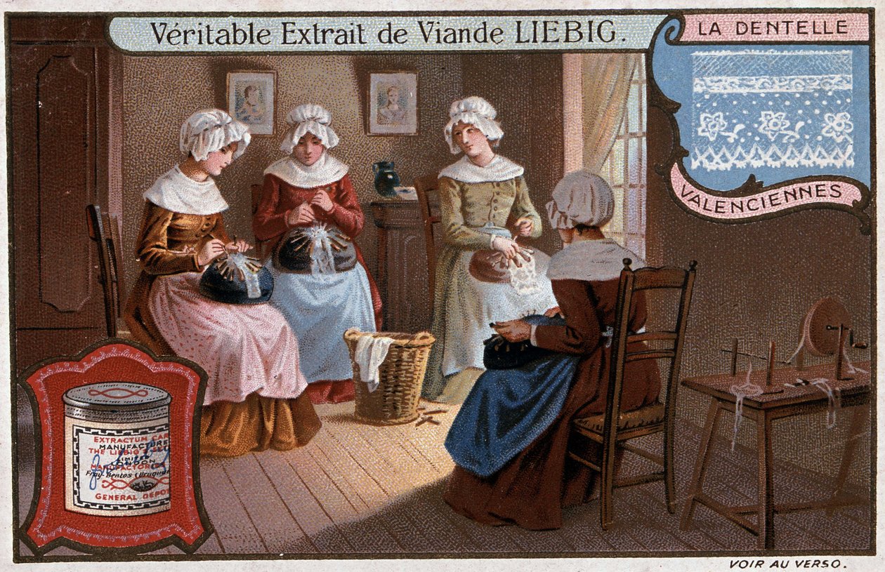 Kantwerkplaats, Valenciennes, Liebig reclame ca. 1895 door Unknown artist