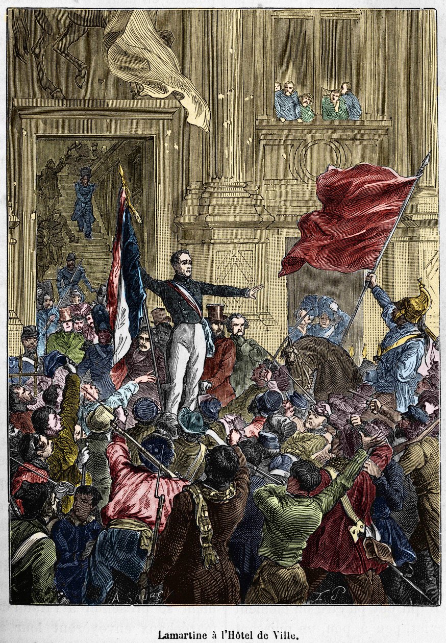 Lamartine (1790 - 1869), weigert de rode vlag voor de driekleurige vlag, in het stadhuis. Parijs, 26 februari 1848. Bianchetti collectie door Unknown artist