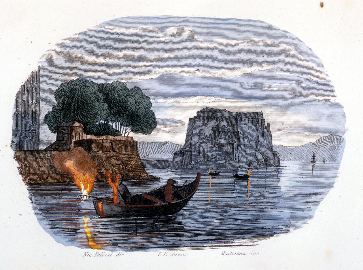 Lamparo vissen, een lamp gebruikt om vissen aan te trekken, in de Baai van Napels door Unknown artist