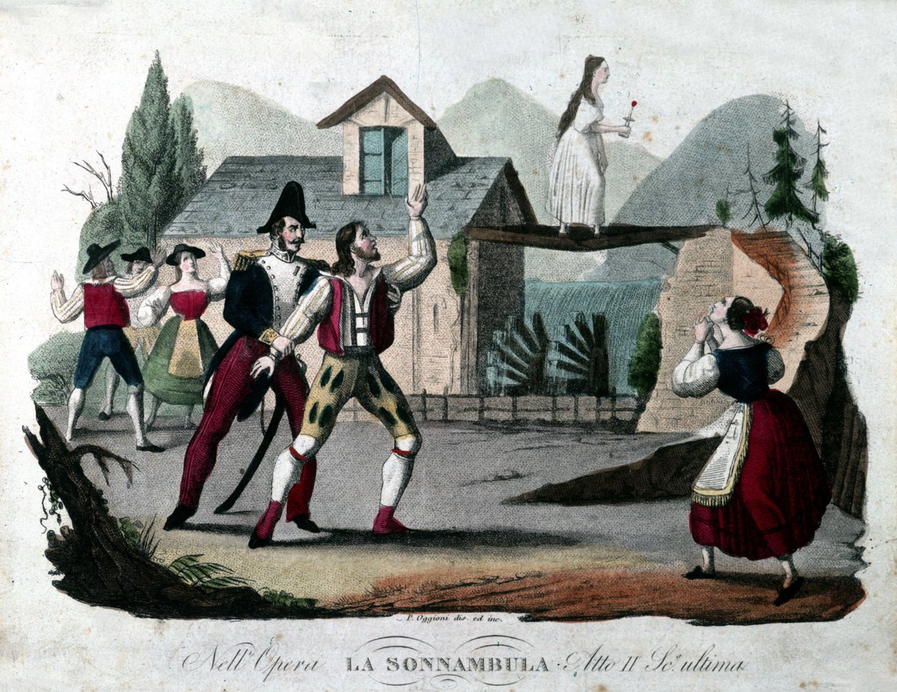 Laatste scène van Act II van La Sonnambula door Vincenzo Bellini. Gravure uit 1835 door Unknown artist