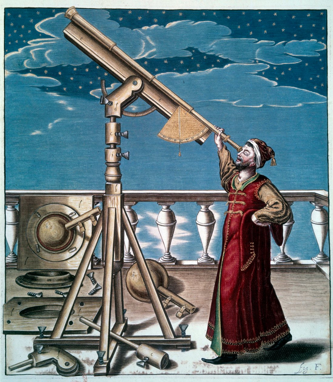 De astronoom: een man observeert de sterren met een telescoop - Gravure uit de 17e eeuw door Unknown artist