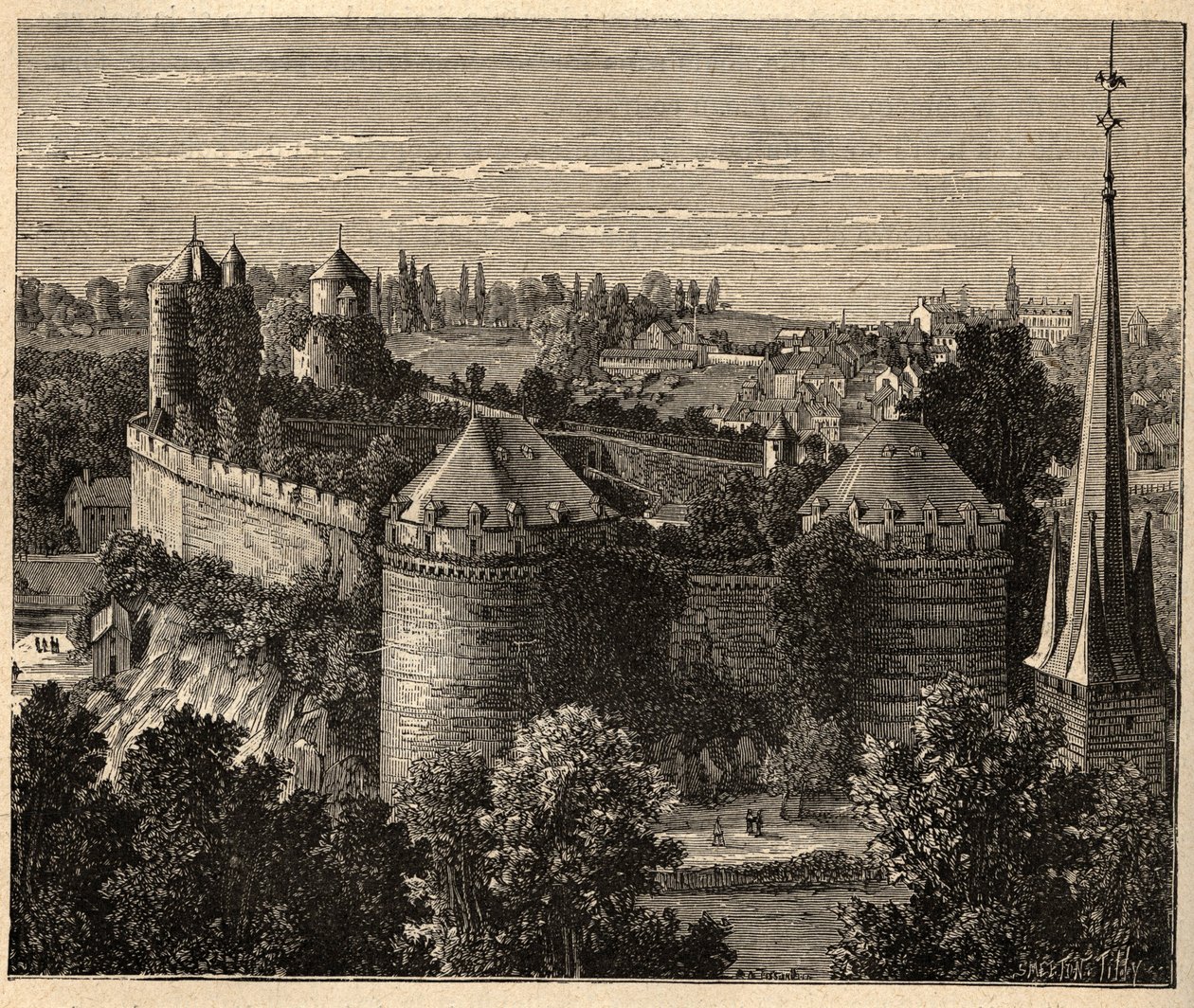 Le Château in Fougères - Bretagne - Frankrijk - gravure in 