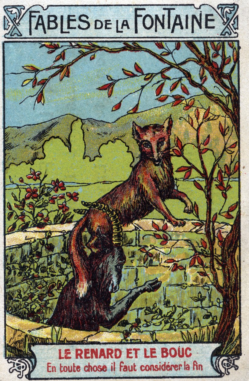 De Vos en de Bok - Fabels van Jean de La Fontaine (1621-95) - Chromolithografie uit het einde van de 19e eeuw Privécollectie. door Unknown artist