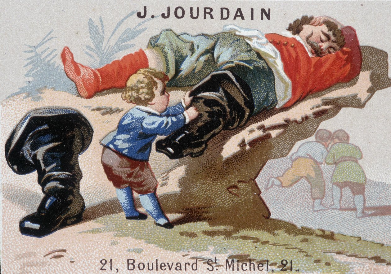 Le Petite Poucet trekt zijn zevenmijlslaarzen uit bij de slapende reus - Reclame-etiket Jourdain door Unknown artist