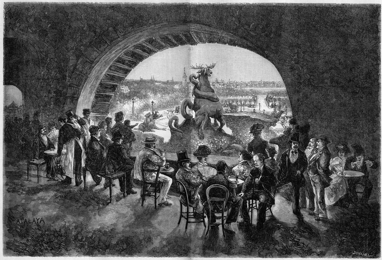 Onder de waterval van de Trocadero-tuin tijdens de grote hitte in Parijs waar Parijse wandelaars komen afkoelen. Gravure in Le Monde Illustré door Unknown artist
