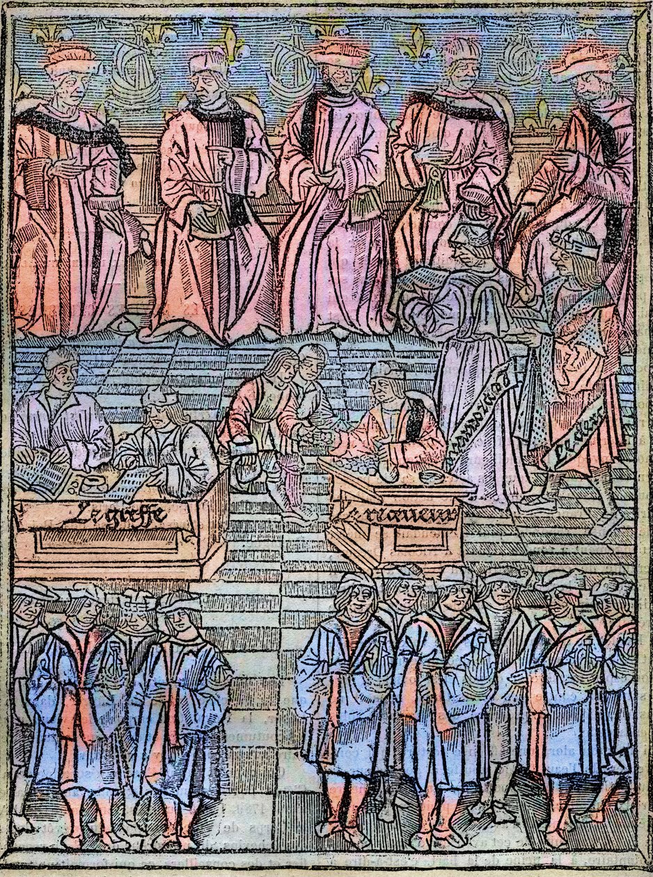 Le prevot des marchands et les echevins de Paris au 16eme eeuw, gravure naar het origineel van 1528 - Provoost van kooplieden en wethouders van Parijs, scène van belastinginning, titelpagina uit 