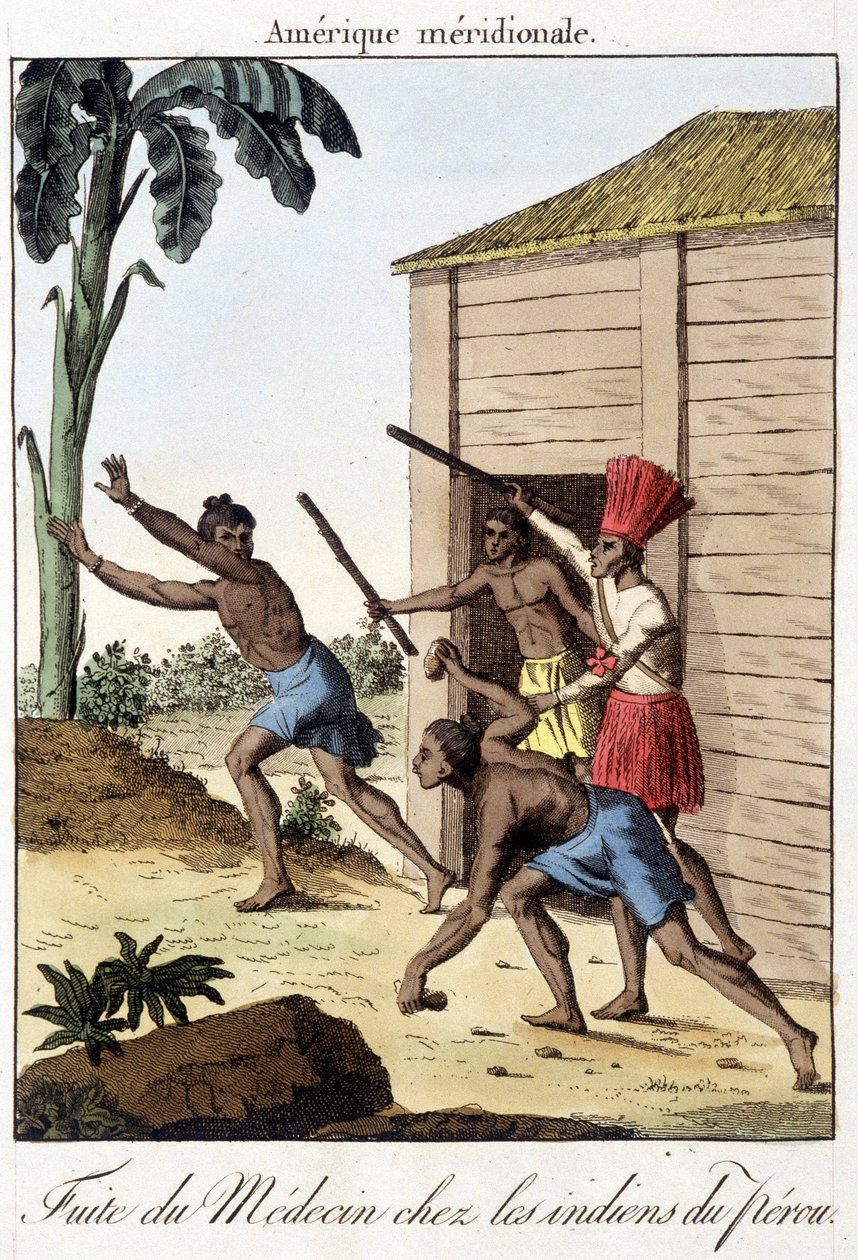 Vlucht van de dokter onder de Indianen van Peru (Inca) - gravure door Unknown artist