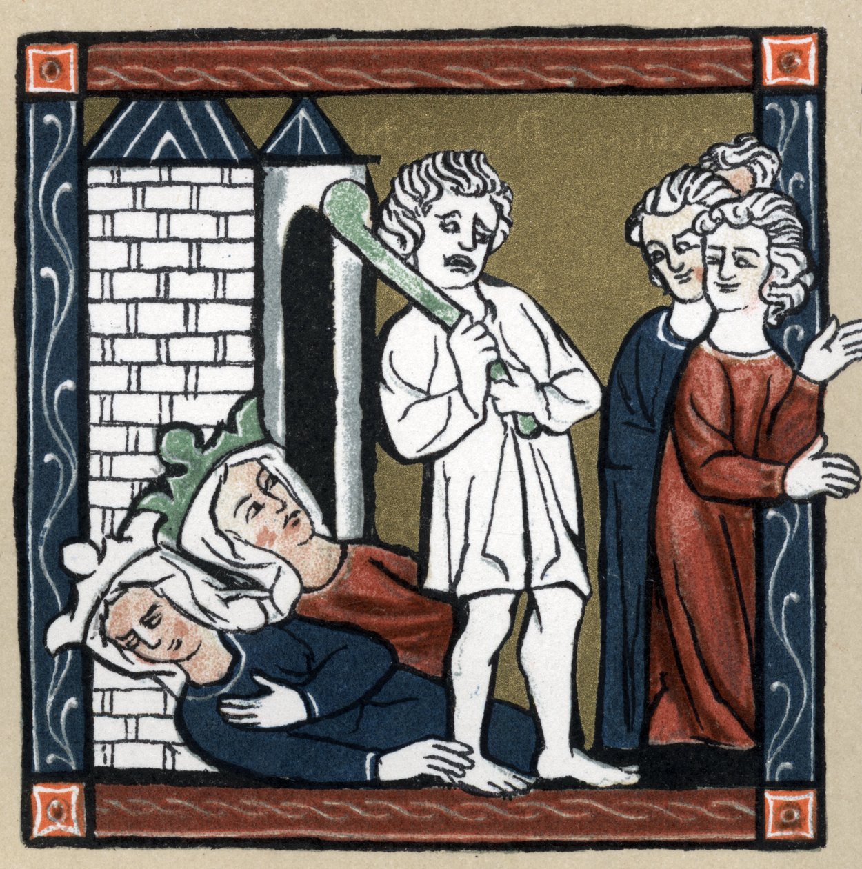 Arthurlegende: Lancelot du Lac bevrijdt koningin Guinevere en haar vriendin uit het kasteel. In 