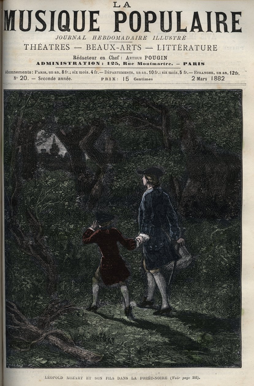 Leopold Mozart en zijn zoon Wolfgang Amadeus in het Zwarte Woud - gravure in 
