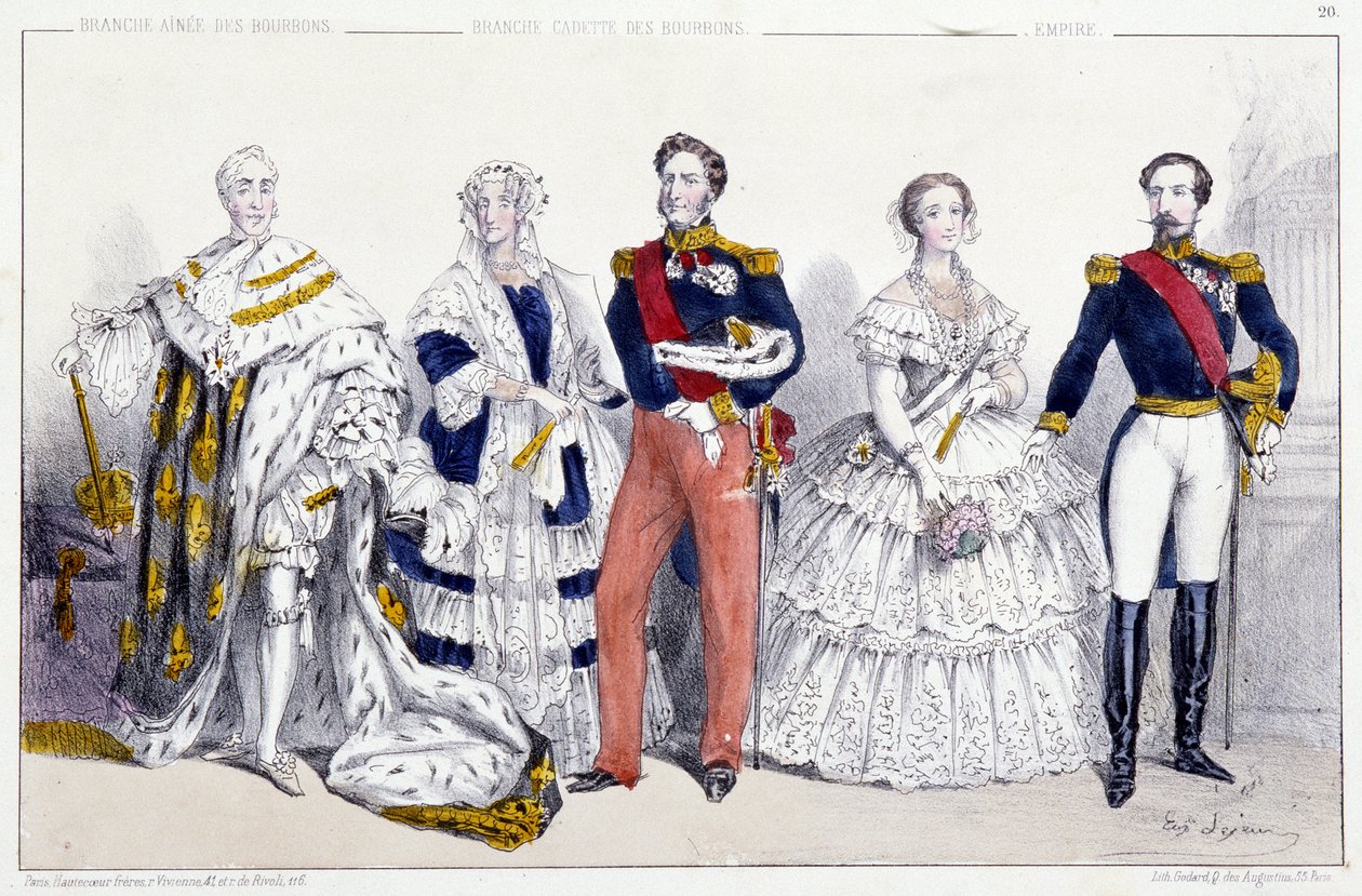 De Bourbons en het Keizerrijk: Karel X (1757-1836), Marie Amelie de Bourbon Sicilië (1782-1866) en Lodewijk Filips I (1773-1850), Eugenie de Montijo (1826-1920) Napoleon III (1808-1873) - Plaat uit Koningen en Koninginnen van Frankrijk in prenten, Parijs,  door Unknown artist
