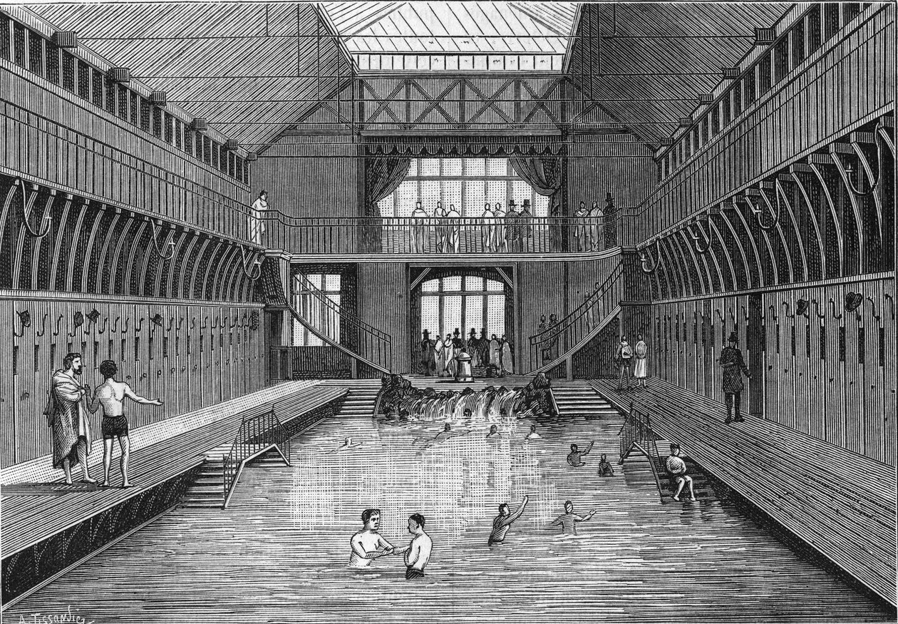 De goedkope openbare baden van de rue Chateau-Landon in Parijs in 1884. in 