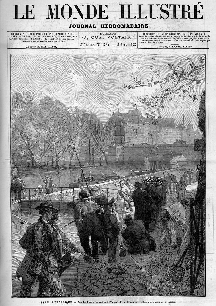 De vissers van de ochtend bij de sluis van de Monnaie in Parijs. Gravure in 