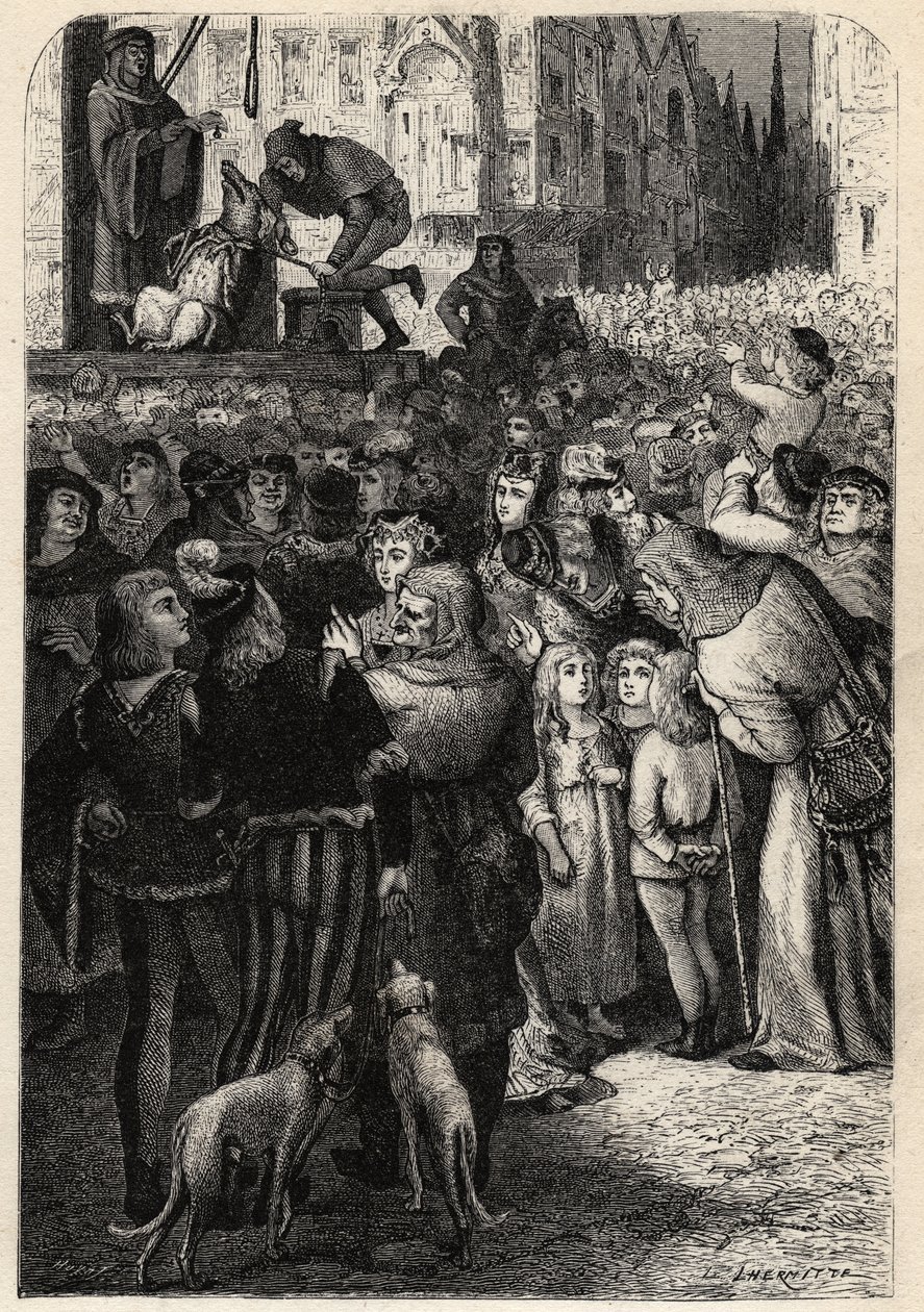 Dierprocessen in de middeleeuwen - Executie van de kindermoordende zeug van Falaise - gravure uit 