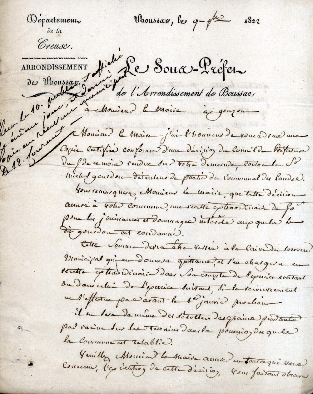 Brief van de onderprefect van de Creuse (arrondissement Boussac) aan de burgemeester van Gouzon, 9 september 1822 door Unknown artist