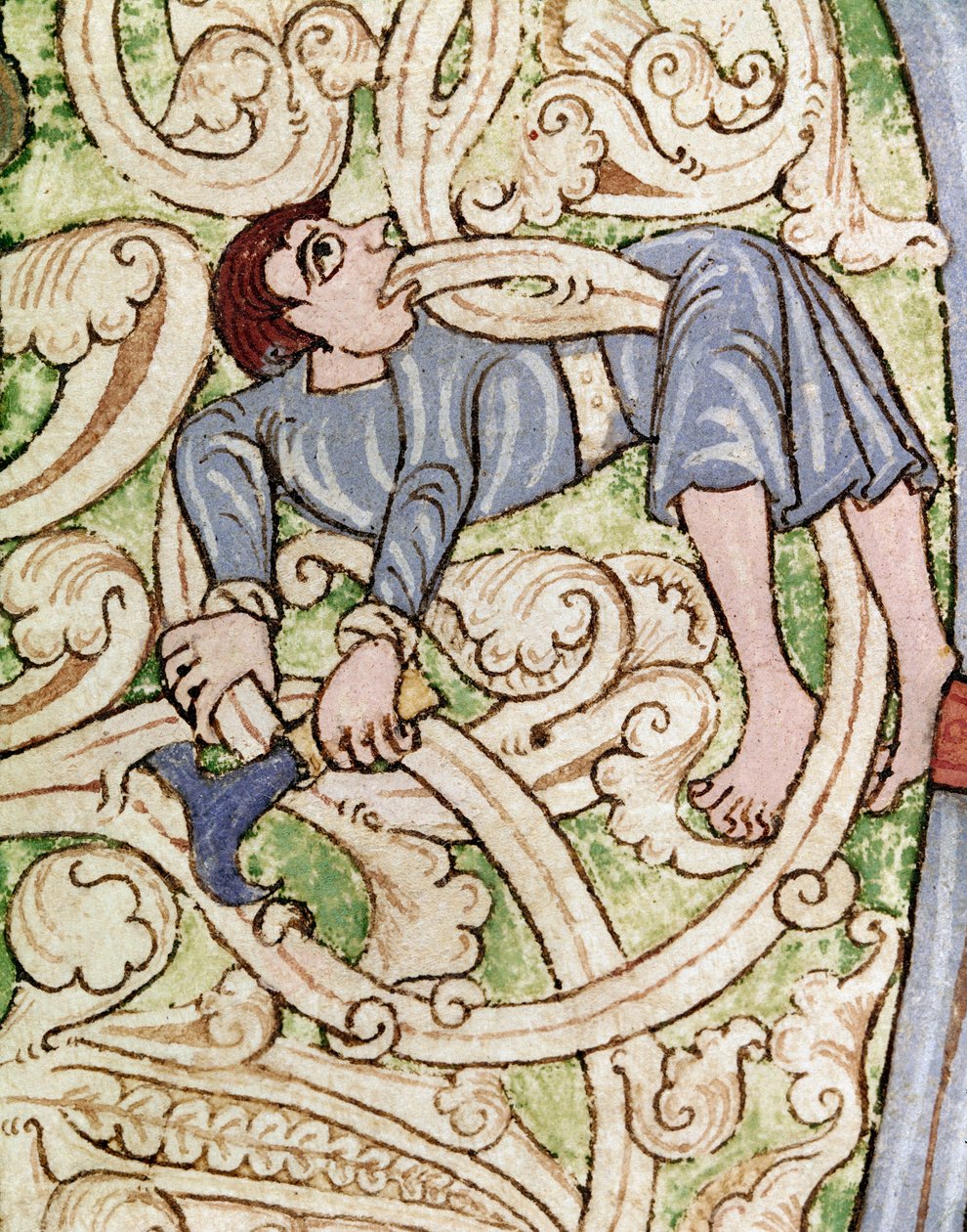 Lettrine C versierd met de voorstelling van een houthakker. Miniatuur uit een Bijbel (Oude Testament) (Ms 3088) 12e eeuw door Unknown artist