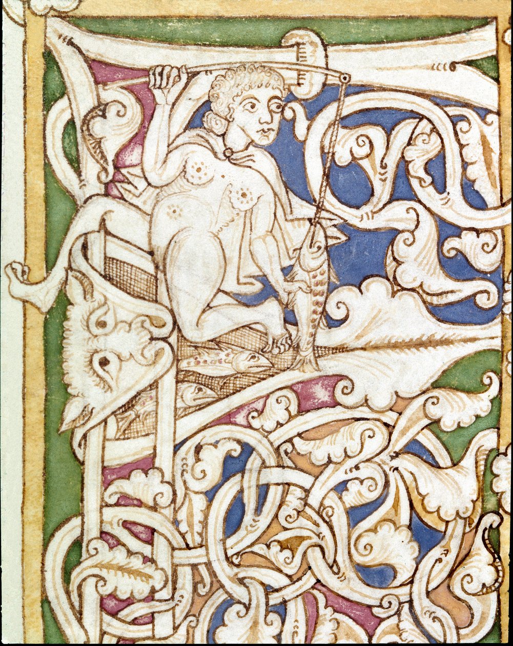 Versierde P initiaal met de voorstelling van een vrouw die een vis vangt. Miniatuur uit een Bijbel (Oude Testament) (Ms 3088) 12e eeuw Coimbra, Universiteitsbibliotheek door Unknown artist