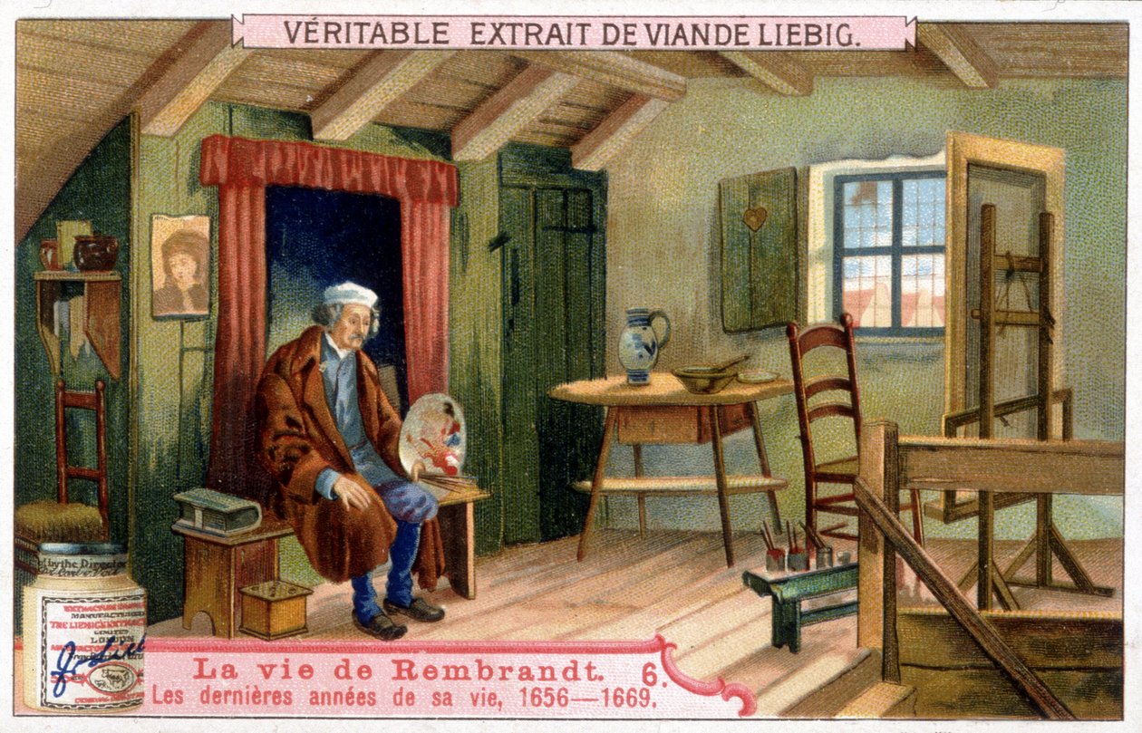 Liebig chromolithografie over het leven van Rembrandt (1606/1669), Nederlandse schilder. Hier de laatste jaren van zijn leven 1656-1669. door Unknown artist