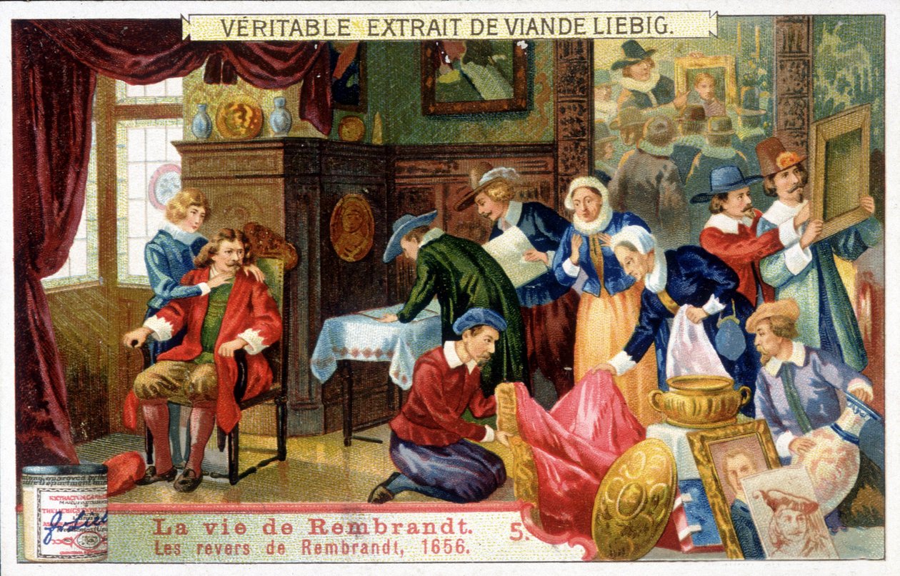 Liebig chromolithografie over het leven van Rembrandt (1606 - 1669), Nederlandse schilder. Dit zijn Rembrandt