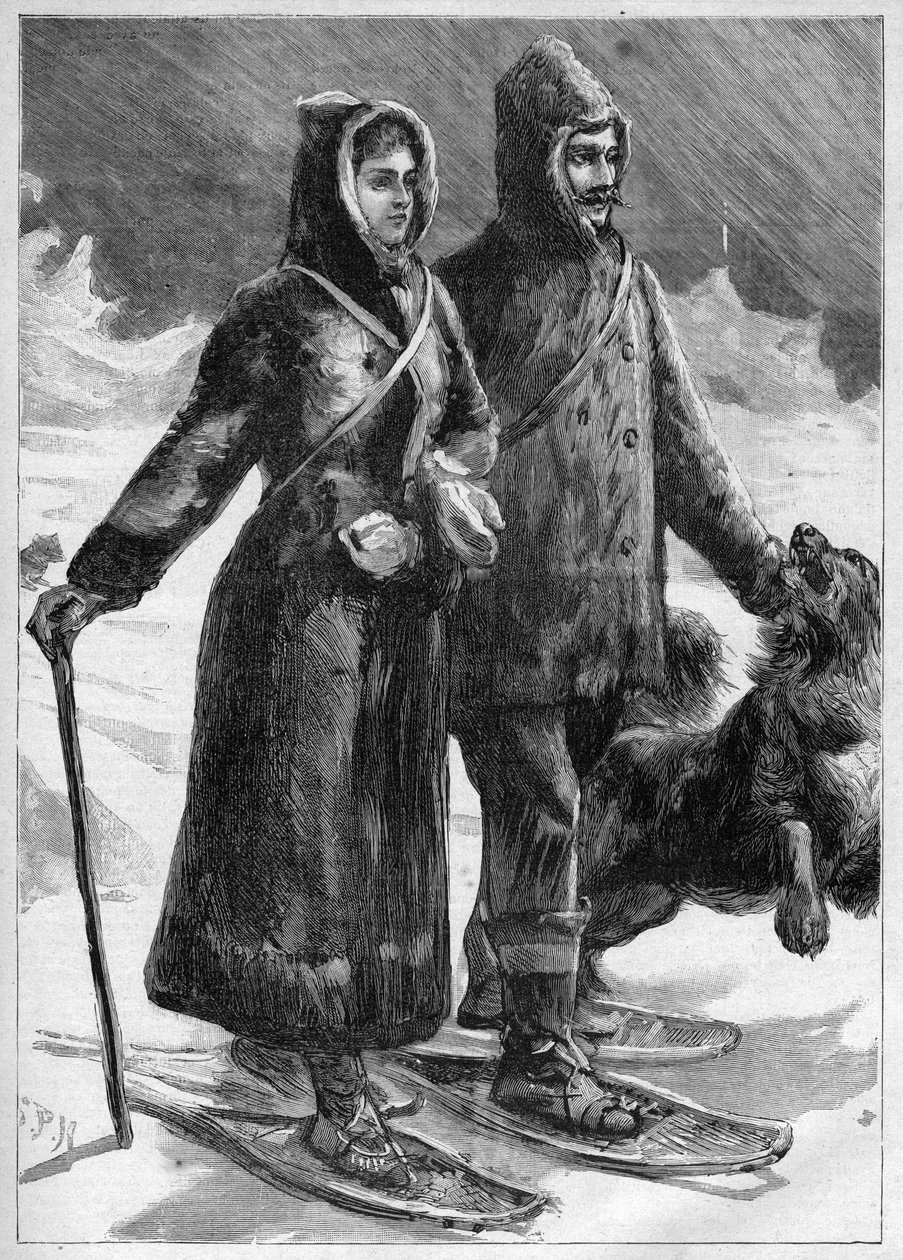 Luitenant Robert Edwin Peary in Groenland met zijn vrouw - gravure in 
