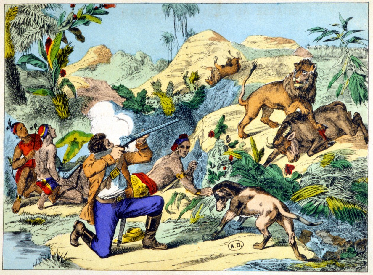 Leeuwenjacht in Zuidelijk Afrika. 19e-eeuwse gravure. door Unknown artist