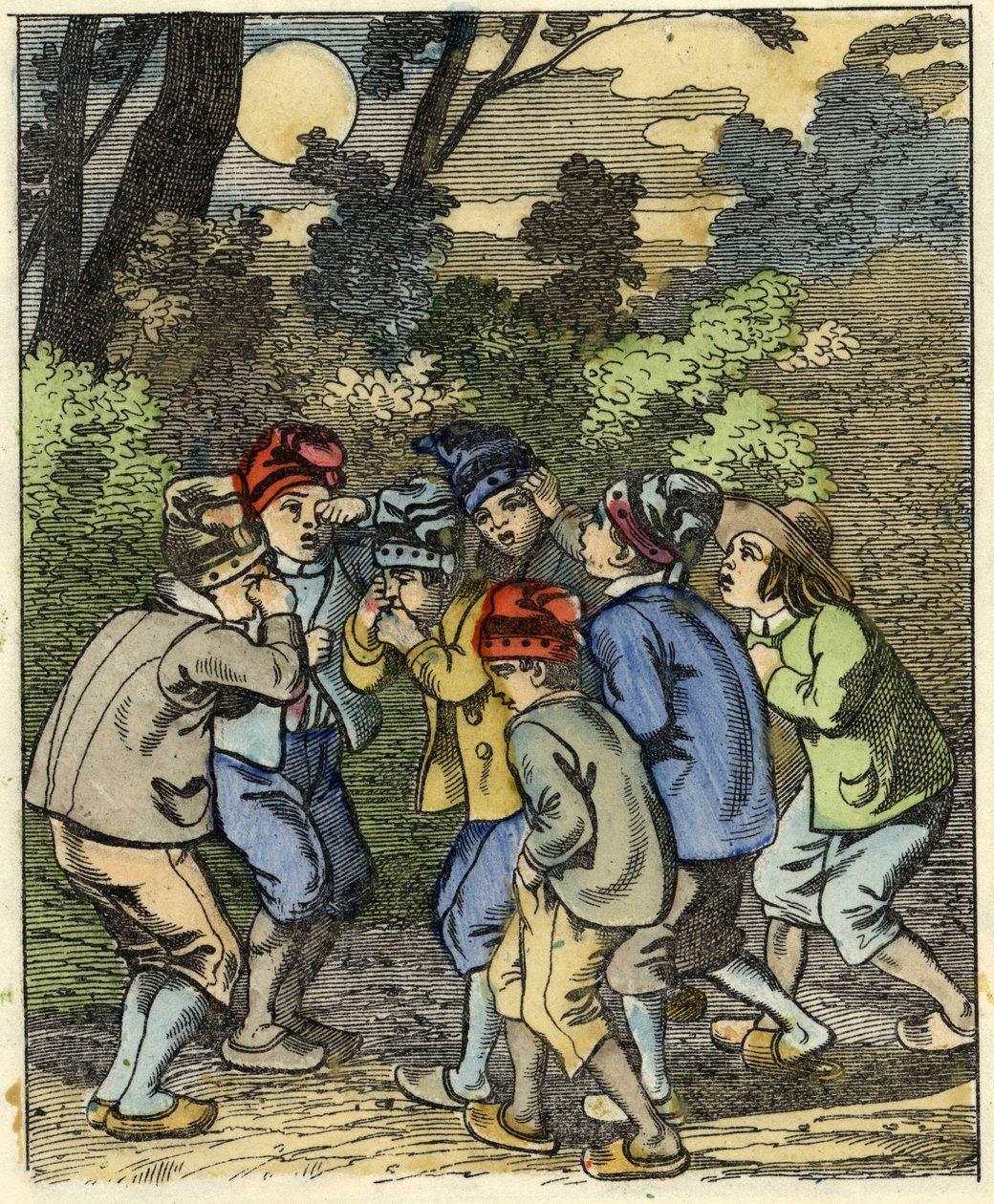 Klein Duimpje en zijn broers verdwaald in het bos. Illustratie van het verhaal 