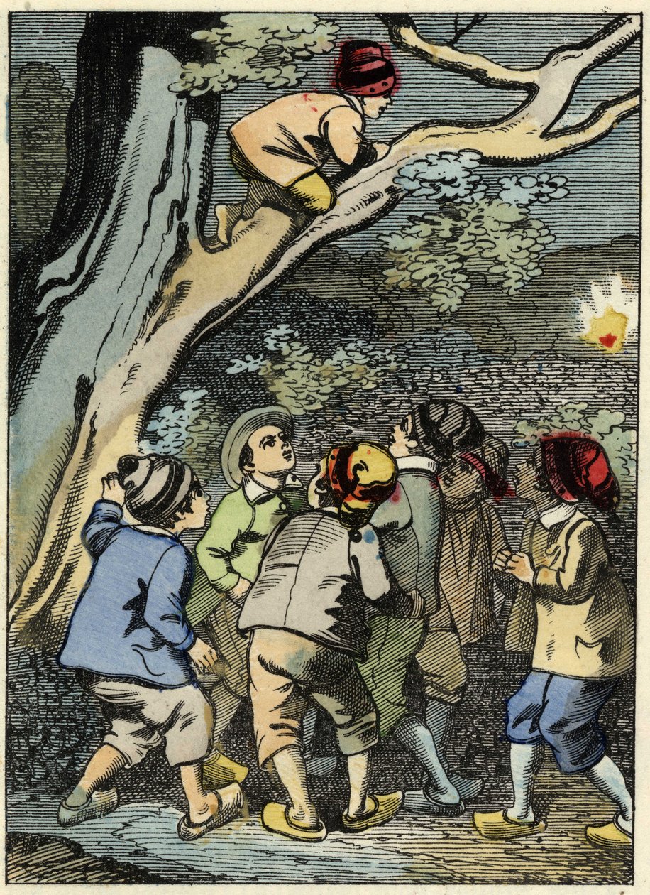 Klein Duimpje klimt in een boom en zoekt zijn weg. Hij pakt een lichtje in het bos. Illustratie van Charles Perrault