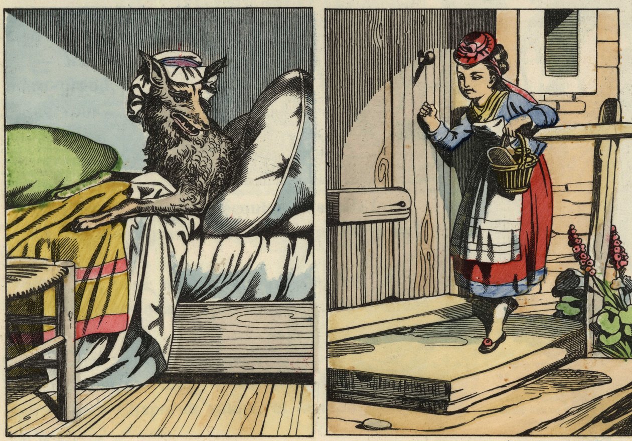 Roodkapje klopt op de deur van haar grootmoeder (illustratie van het sprookje 