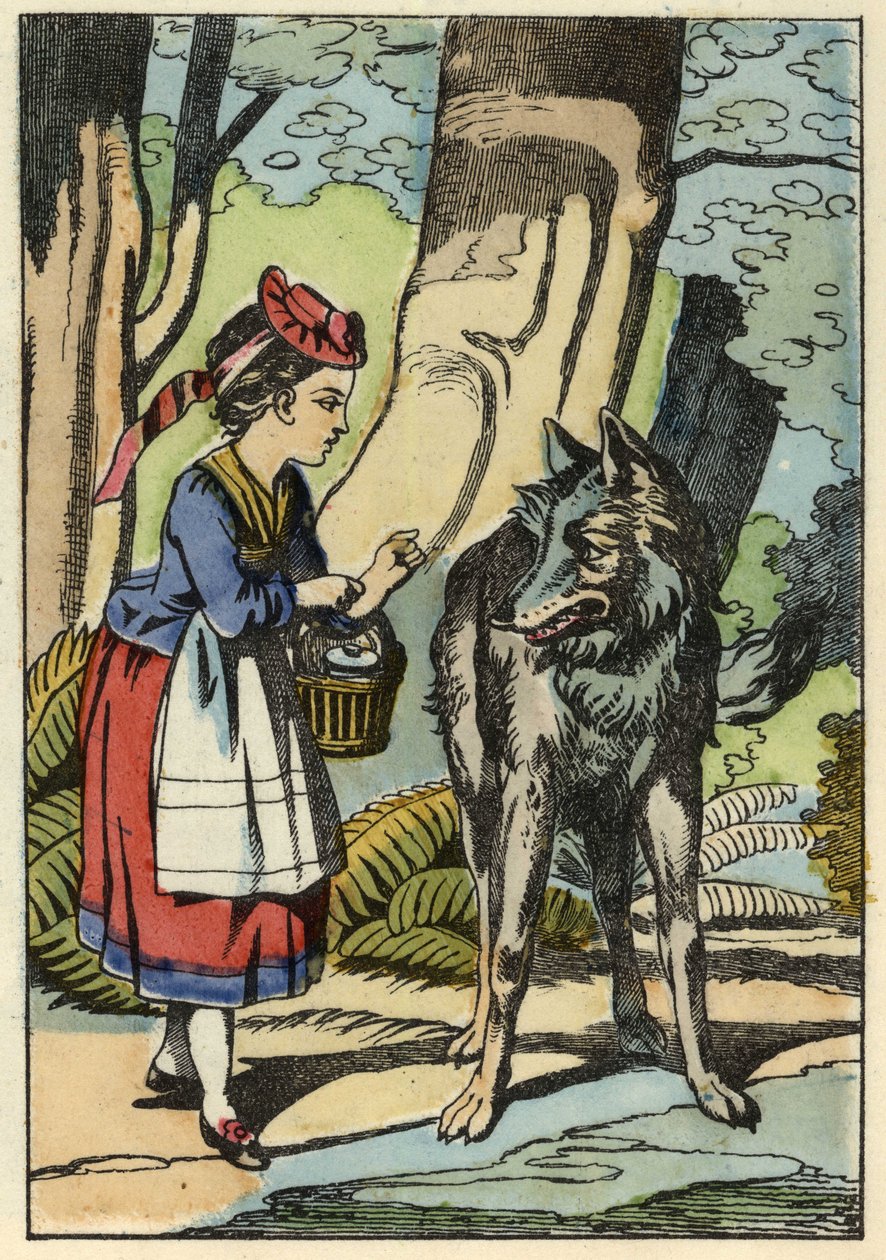 Roodkapje ontmoet de wolf in het bos. Illustratie van het verhaal 